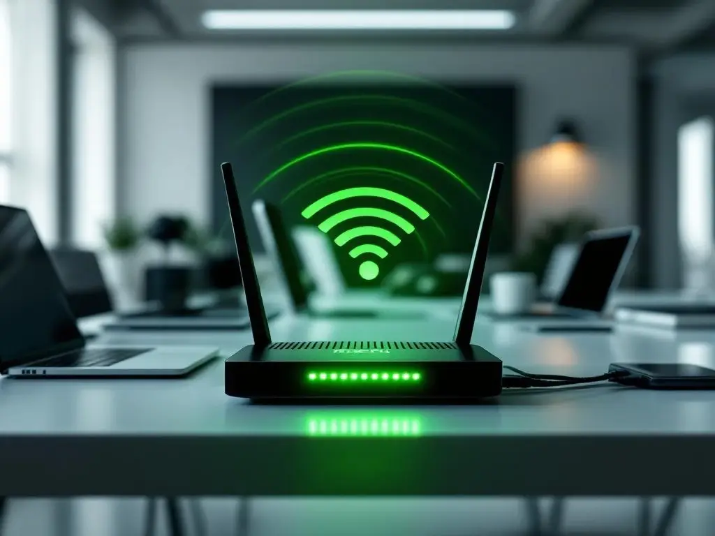Draadloze router met groene LED-indicatoren op wit bureau, omringd door laptops en smartphones in modern kantoor