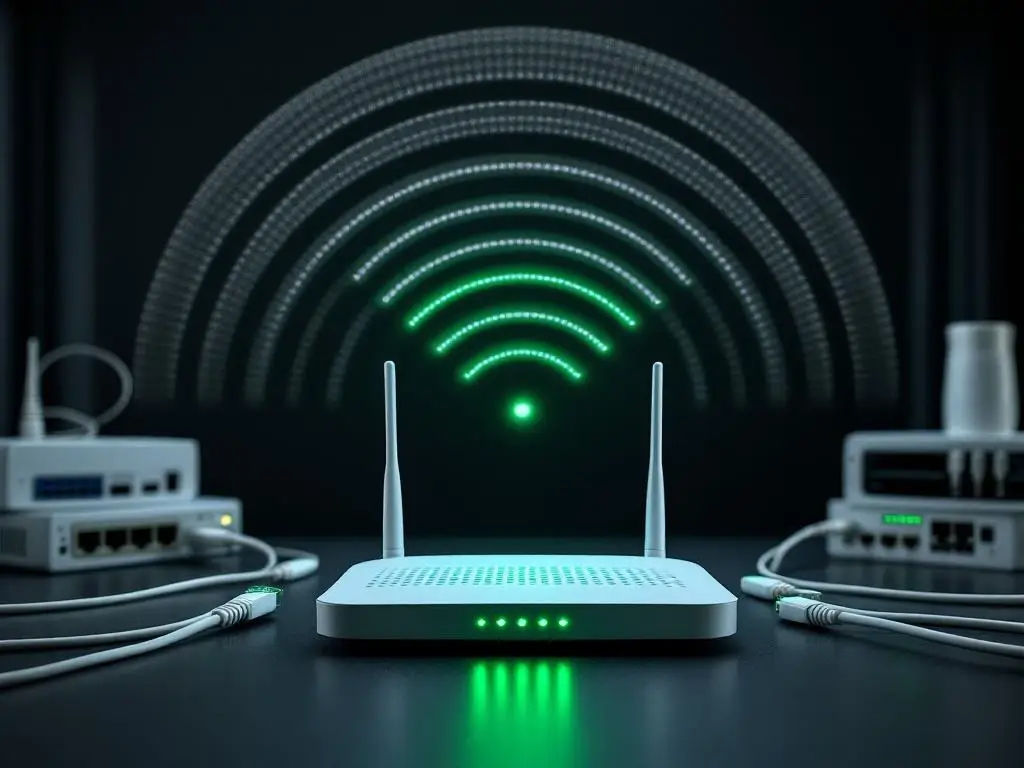 Draadloze router met groene LED-indicatoren en witte signaalcirkels in moderne kantooromgeving met netwerkapparatuur