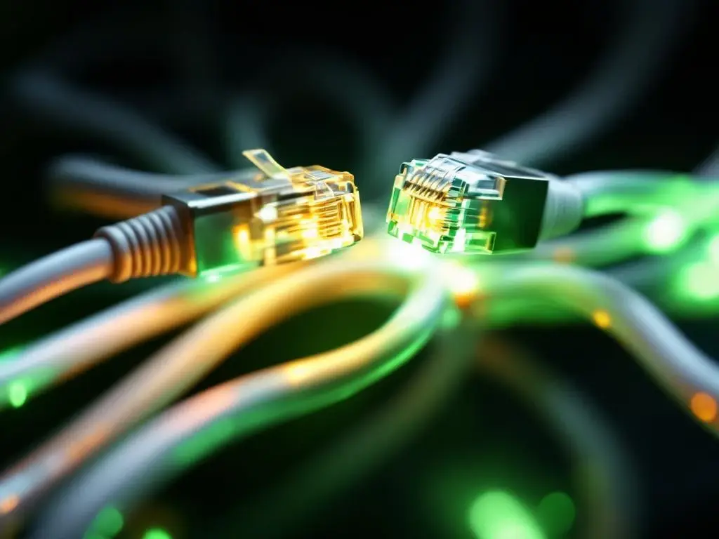 Koperen ethernet- en coaxkabels met groene LED-indicatoren tegen zwarte achtergrond, close-up van connectoren