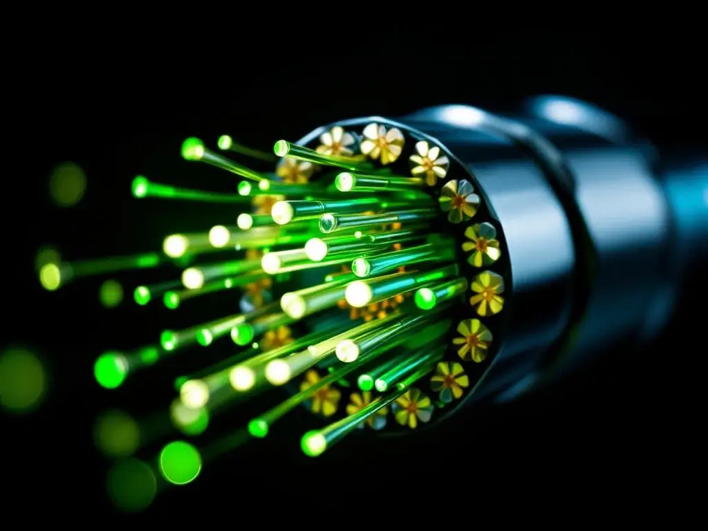 Doorsnede van glasvezelkabel met groene lichtstralen door individuele vezels tegen zwarte achtergrond