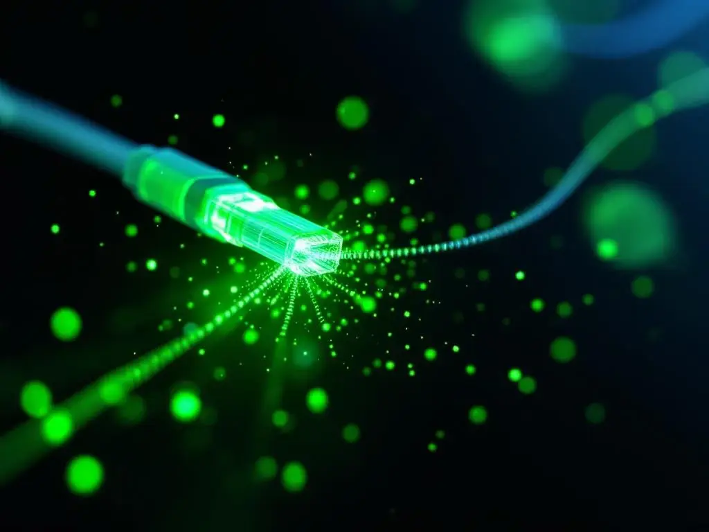 Glasvezelkabel met groene lichtstromen die zich vertakken naar meerdere verbindingen voor zakelijke breedband infrastructuur