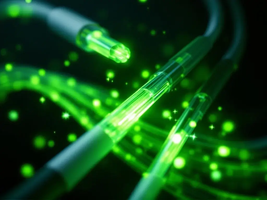 Verlichte glasvezelkabels met heldergroen licht in elegante kromming tegen zwarte achtergrond, datatransmissie concept