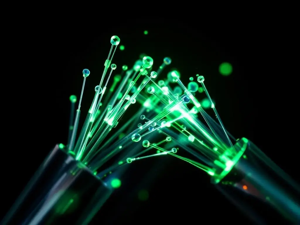 Glasvezelkabels met groene lichtpulsen die datatransmissie tonen tegen zwarte achtergrond