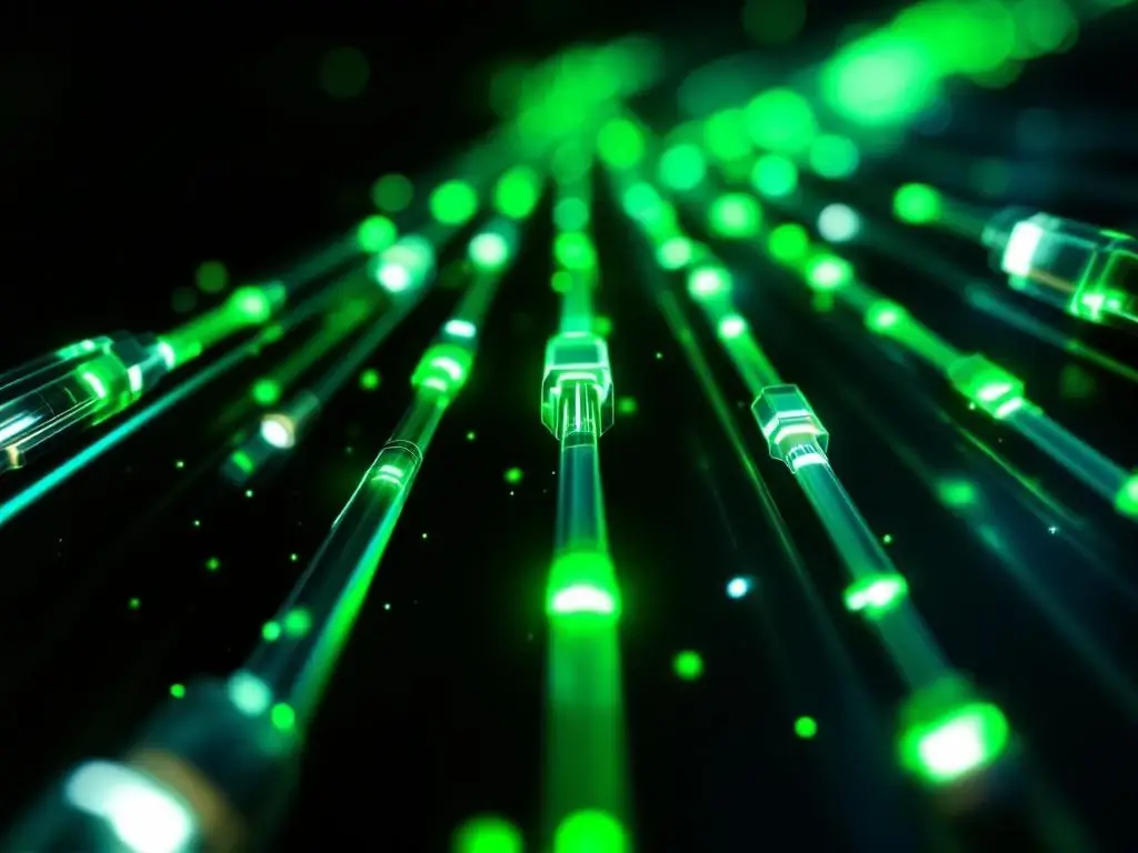 Glasvezelkabels met groene lichtpulsen en witte connectoren tegen zwarte achtergrond, telecommunicatietechnologie