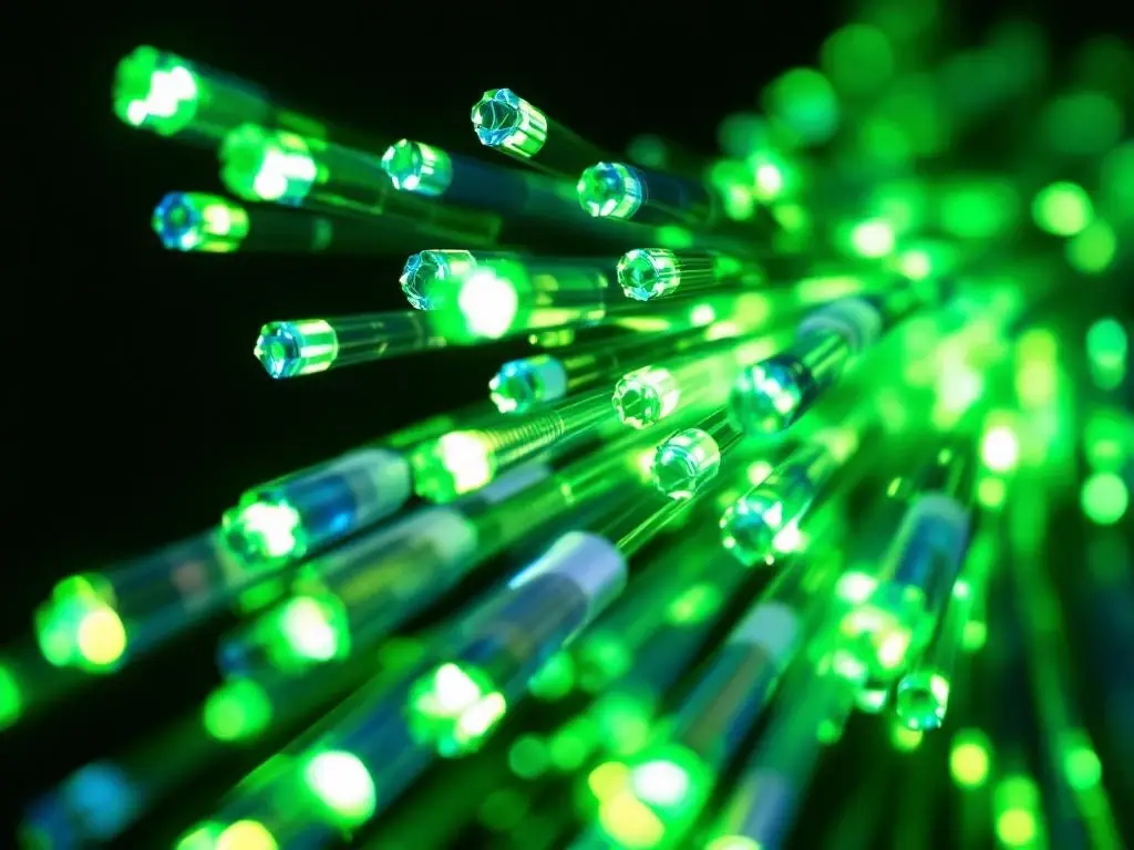 Glasvezelkabels met groene lichtstralen door transparante kernen, professionele macro-opname van telecommunicatie-infrastructuur