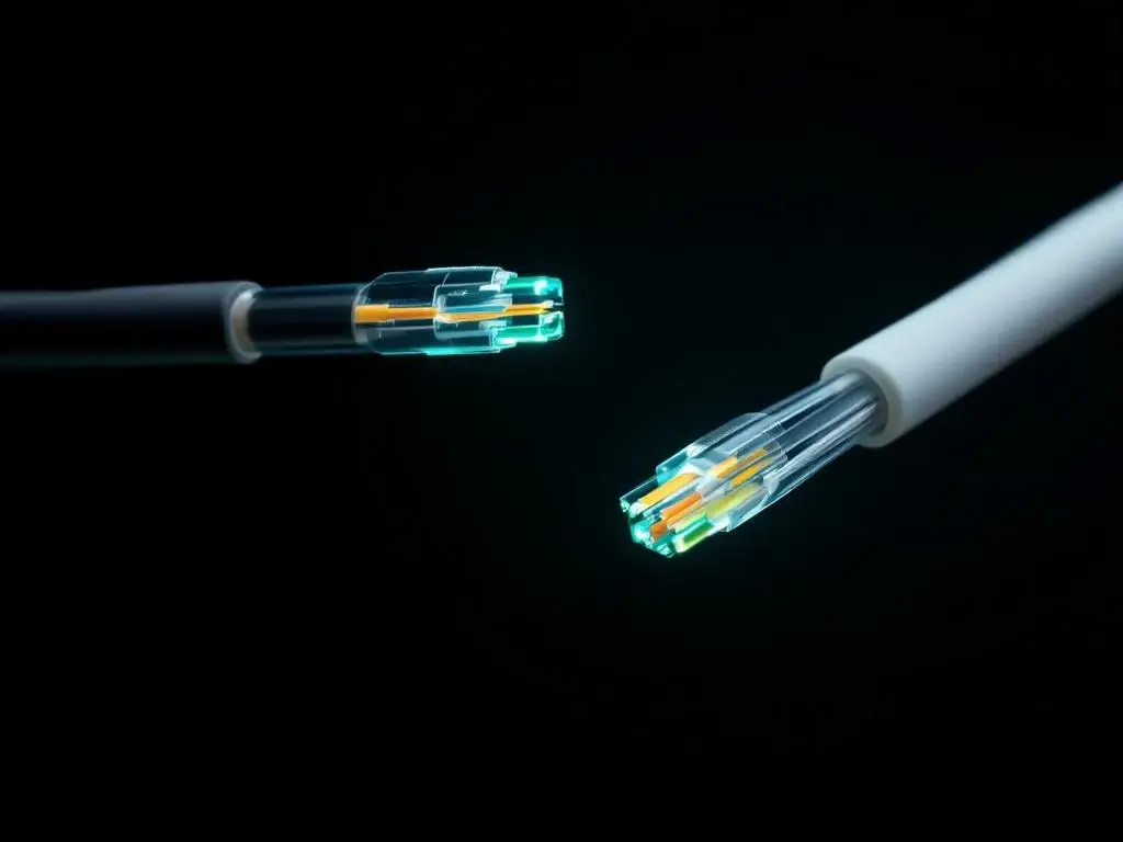 Twee glasvezelkabels met oranje multimode en gele singlemode kernen die groen licht uitstralen tegen zwarte achtergrond