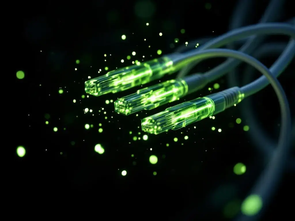 Glasvezelkabels met groen licht en ethernet kabels voor snelle bedrijfsinternetverbinding tegen zwarte achtergrond