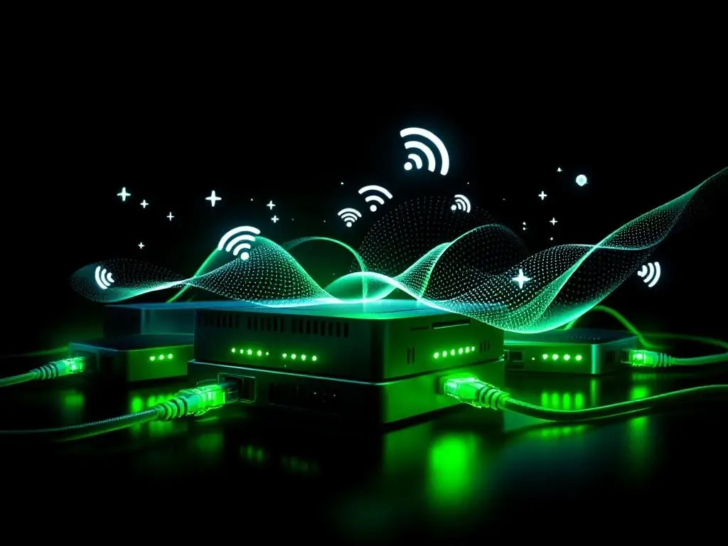 Moderne netwerkrouters en switches met groene LED-verlichting op glanzend bureau met ethernetkabels en draadloze signalen