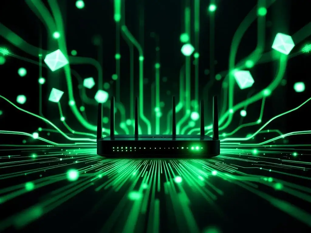 Draadloze router met groene LED-indicatoren en ethernet-kabels in moderne kantooromgeving, netwerk connectiviteit