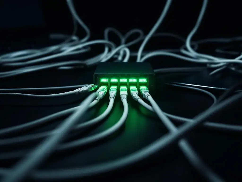 Moderne LAN-netwerkopstelling met witte Ethernet-kabels verbonden aan groene LED-netwerkswitch in professionele kantooromgeving