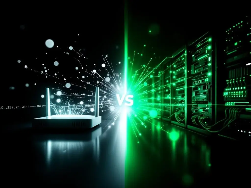 Split-screen vergelijking van thuisrouter met draadloze signalen versus professionele serverrack met ethernetkabels