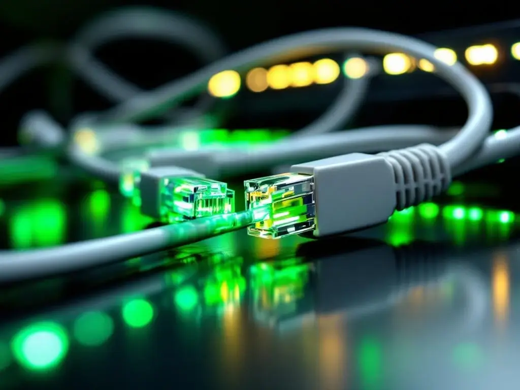 Professionele netwerkapparatuur met groene LED-lampjes, witte ethernet-kabels en glasvezelverbindingen op zwarte achtergrond