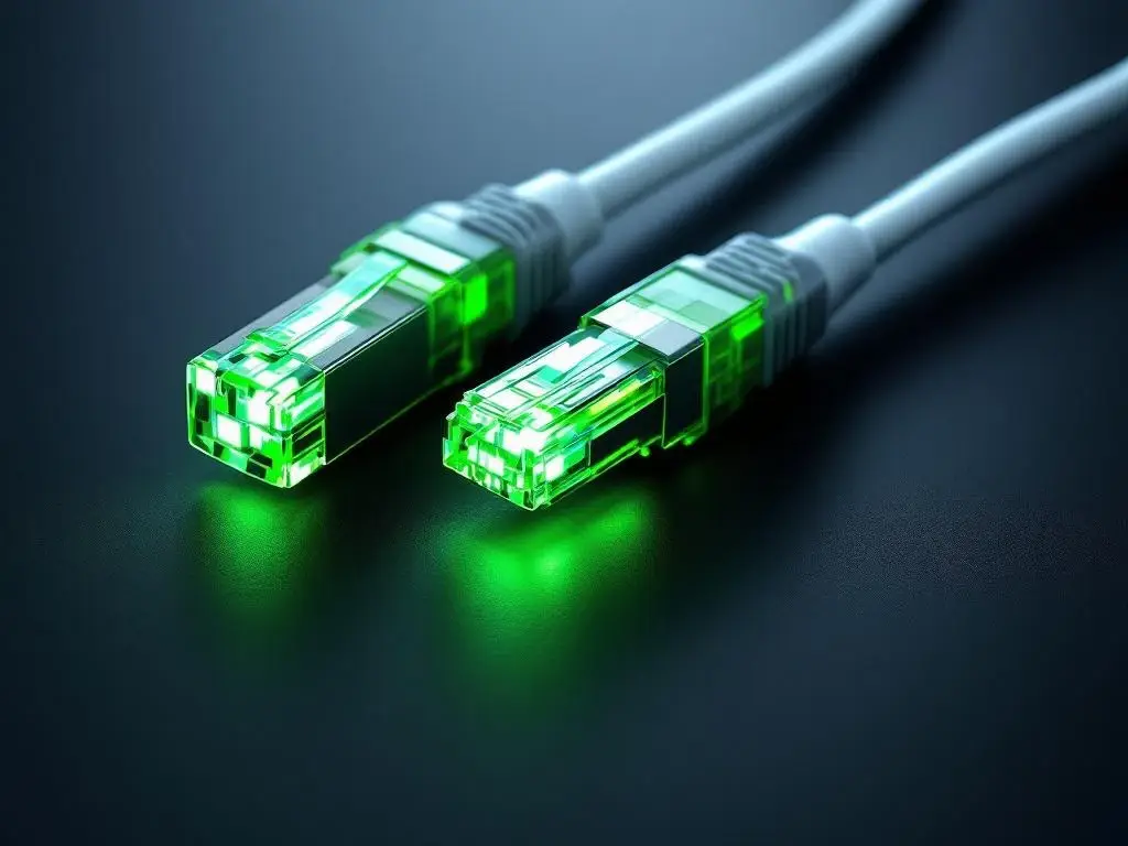 Drie glasvezelkabel connectoren met groene LED-verlichting op zwarte ondergrond, telecommunicatie infrastructuur