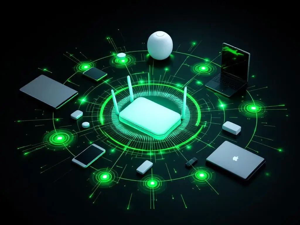 WiFi-router straalt groene signalen uit naar smartphones, laptops en tablets in concentrische cirkels op zwarte ondergrond