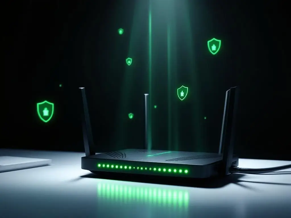 Moderne WiFi-router met groene LED-indicatoren op wit bureau, ethernet kabels en holografische beveiligingssymbolen