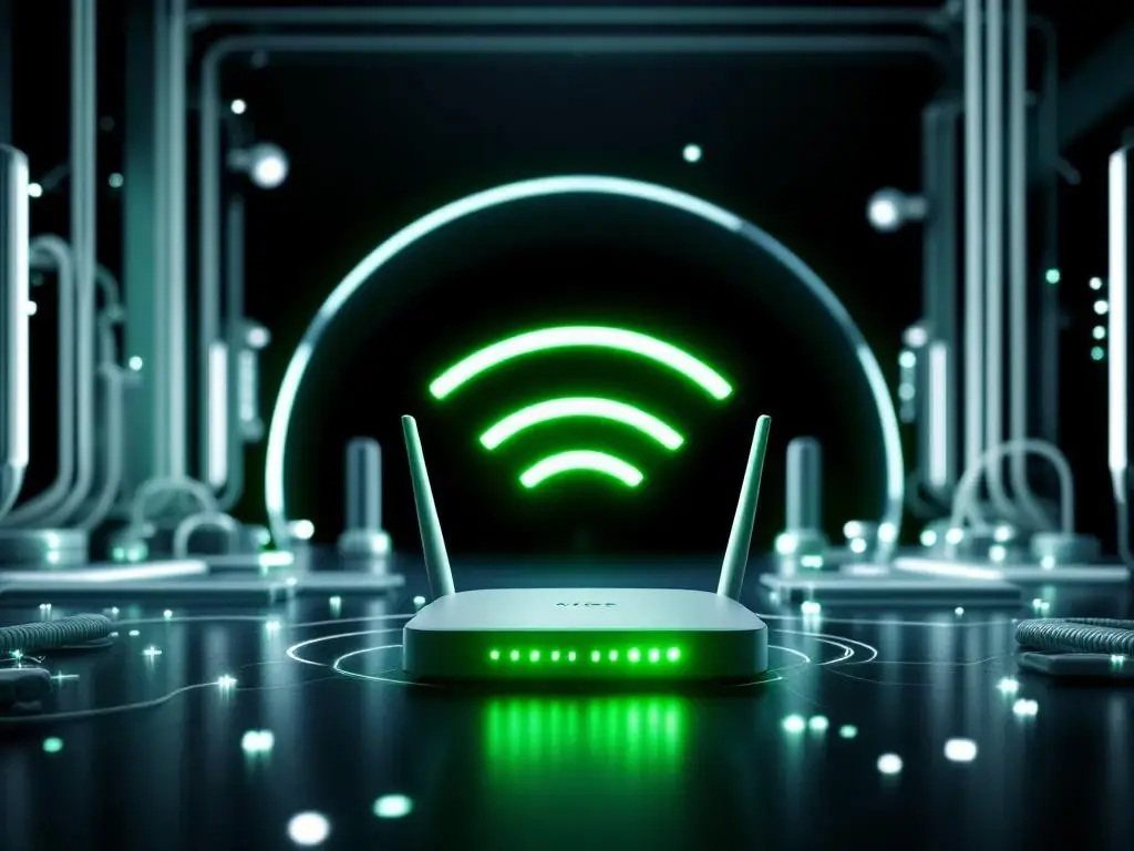WiFi-router met groene LED-indicatoren en draadloze signaalstralen in moderne kantooromgeving met netwerkapparatuur