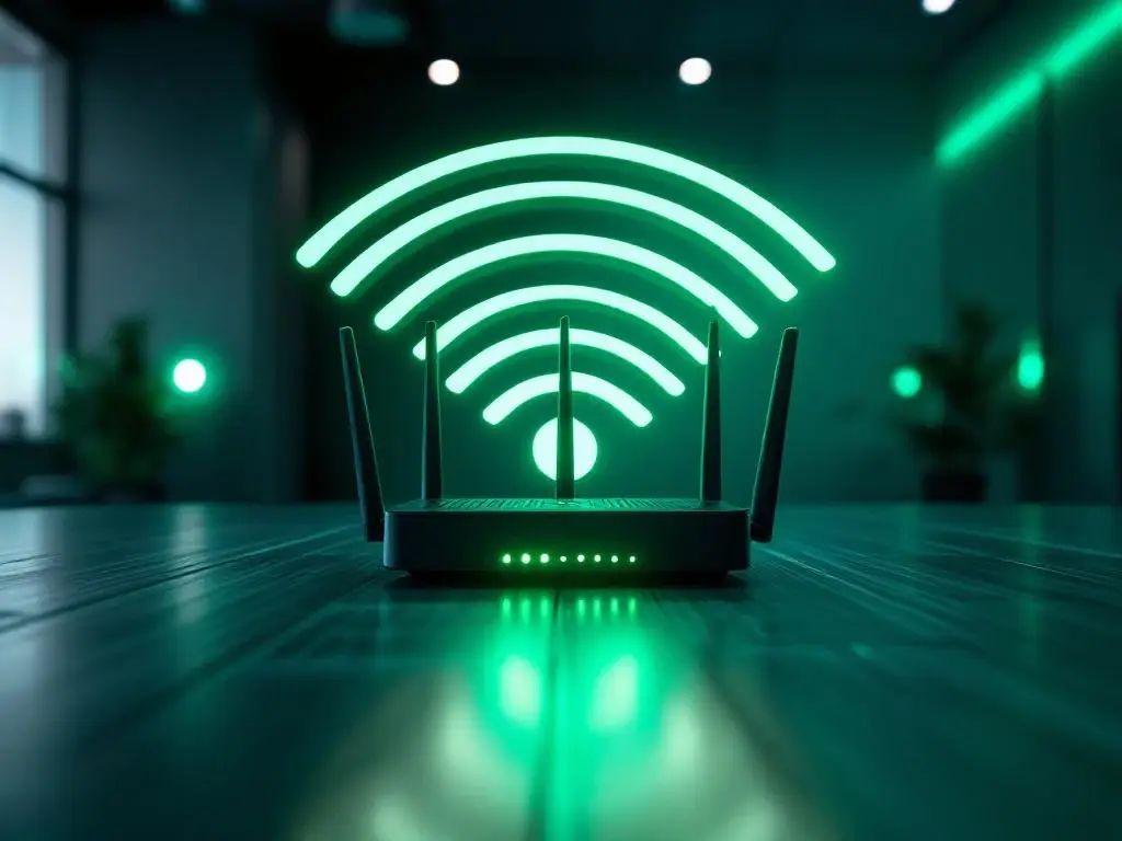 WiFi-router met groene LED-indicatoren zendt draadloze signalen uit in modern kantoor met netwerkapparatuur