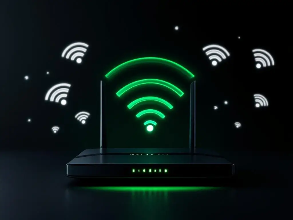 Moderne Wi-Fi router met groene LED-indicatoren en draadloze signaallijnen die netwerkconnectiviteit tonen