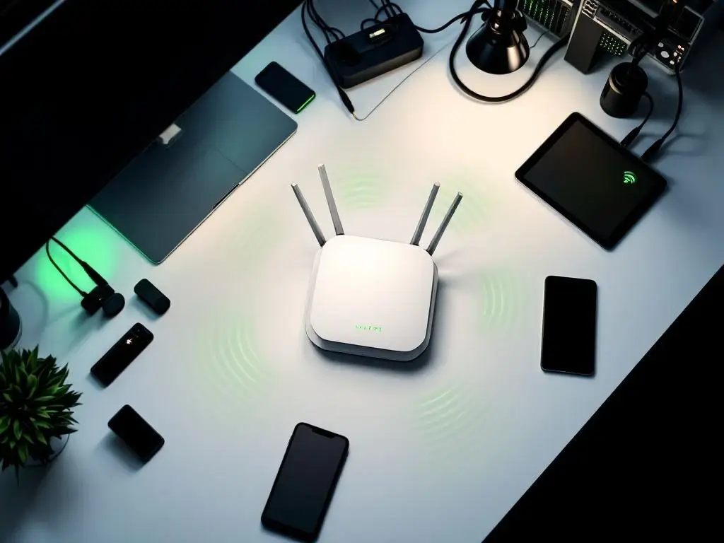 Draadloze router met groene LED-indicatoren op wit bureau omringd door laptop, tablet en smartphone met WiFi-signalen