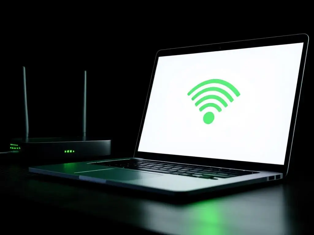 Laptop toont WiFi-verbindingsinterface met groene signaalbalken naast draadloze router op donker houten bureau