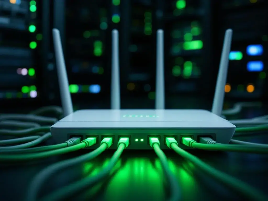 Witte draadloze router met groene LED-indicatoren en ethernet-kabels in professionele netwerkinstallatie