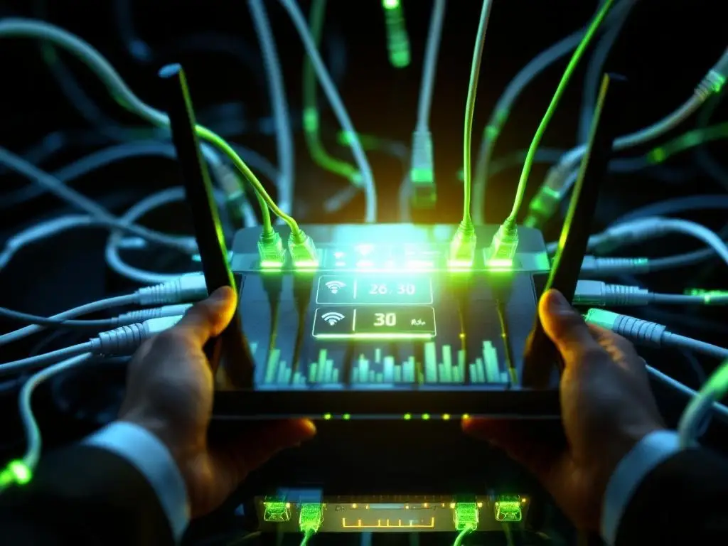 Moderne draadloze router met groene LED-indicatoren en ethernet-kabels, professionele handen houden tablet vast