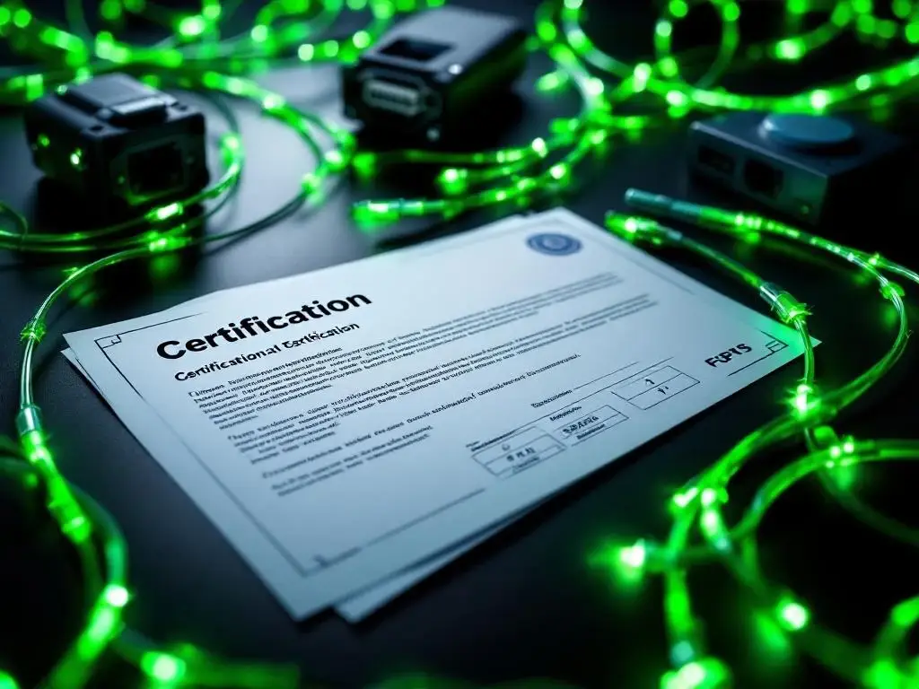 Professionele glasvezelcertificering documenten en groene glasvezelkabels op zwarte ondergrond met testapparatuur