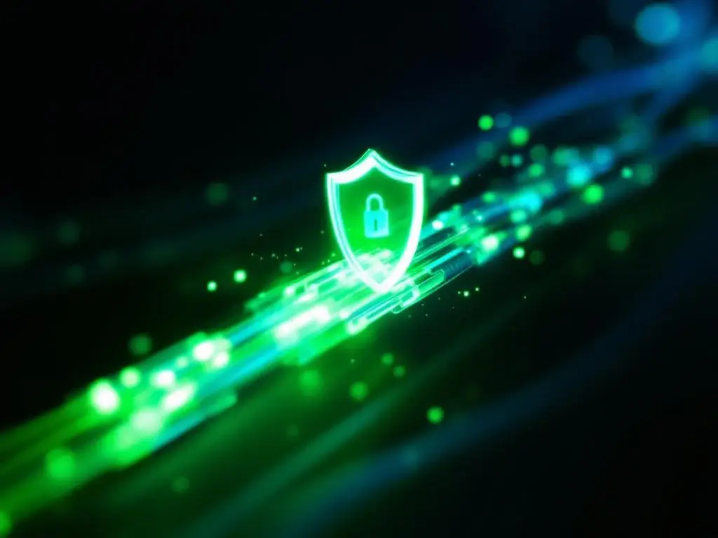 Glasvezelkabels met groen licht en digitaal beveiligingsschild hologram tegen zwarte achtergrond
