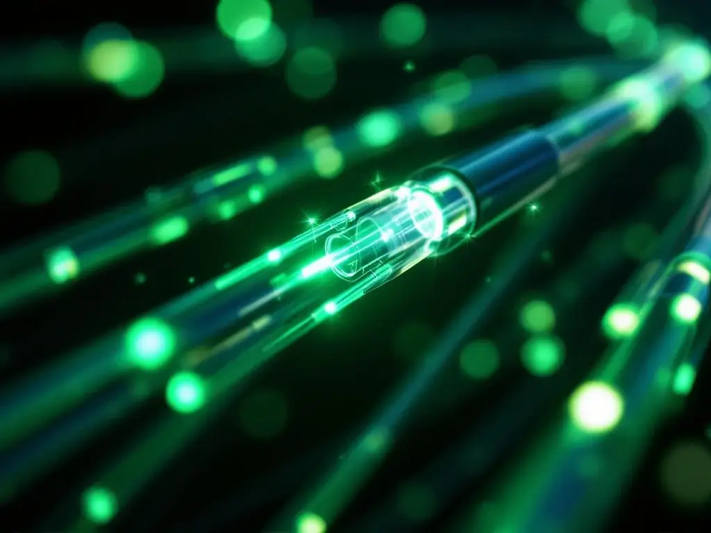 Glasvezelkabels met groene en witte lichtpulsen die door transparante kernen stromen, met vergrootglas voor beveiligingsconcept