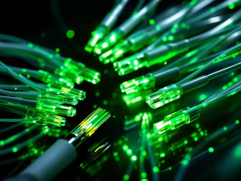 Glasvezelkabels met groen licht en professionele onderhoudsgereedschap tegen zwarte achtergrond