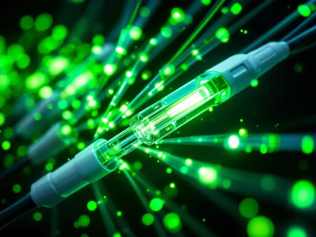Geavanceerde glasvezelkabels met groene lichtpulsen door transparante vezels tegen zwarte achtergrond