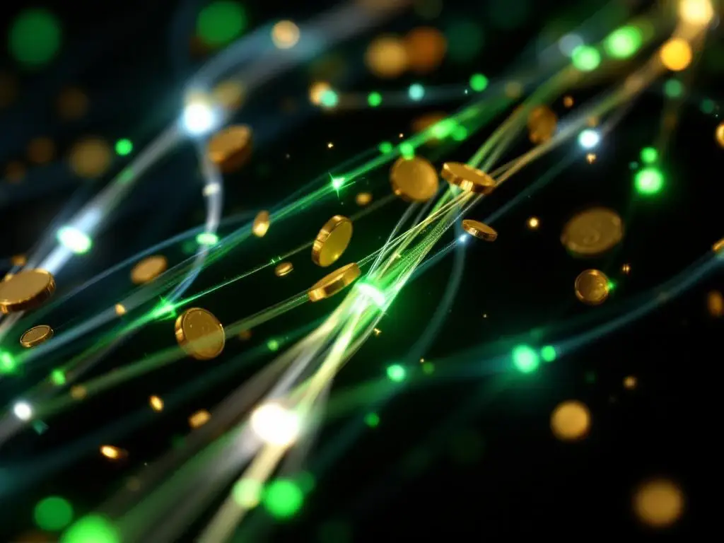 Glasvezelkabels met groene lichtpulsen omringd door eurobiljetten en munten, symboliseert beschikbare subsidies