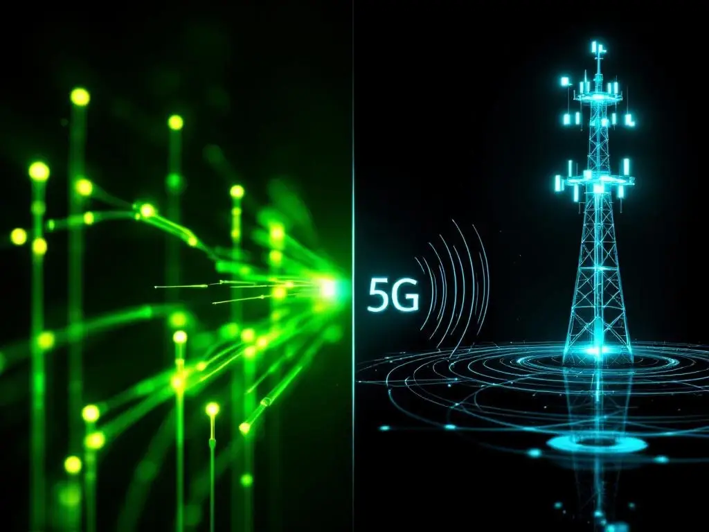Glasvezelkabels met groene lichtstralen naast 5G-toren met draadloze signalen op zwarte achtergrond