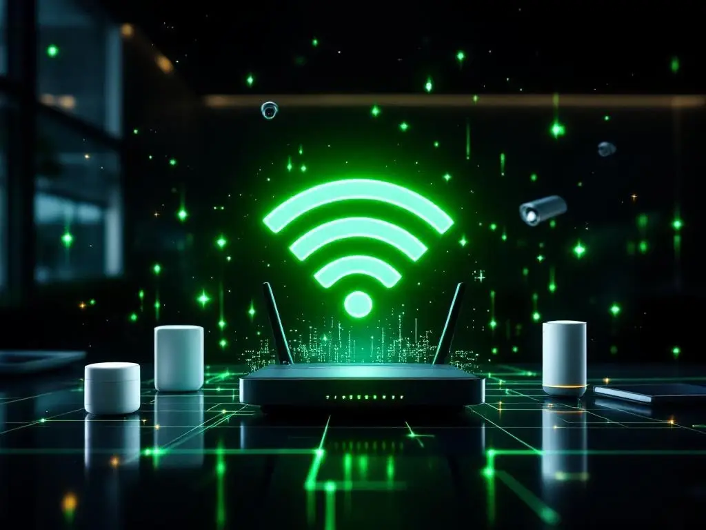 Moderne kantooromgeving met WiFi-router die groene signalen uitzendt naar verbonden IoT-apparaten en slimme sensoren