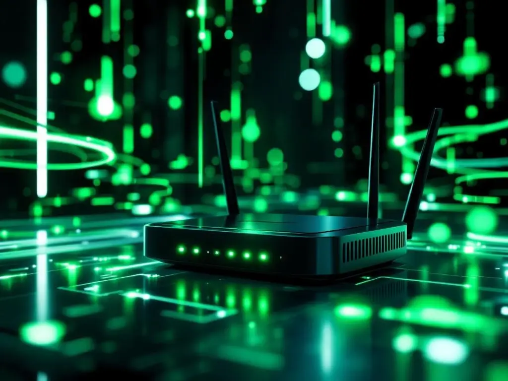 WiFi 6E router op moderne bureau met groene LED-indicatoren en draadloze signaalstromen in futuristisch kantoor