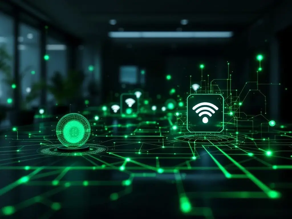 Moderne kantooromgeving met draadloze netwerkapparatuur en groene datastromen die laptops, tablets en smartphones verbinden