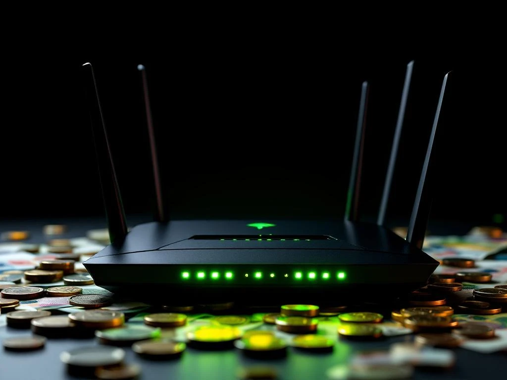 Moderne wifi-router met groene LED-lampjes omringd door eurobiljetten en munten op zwarte achtergrond