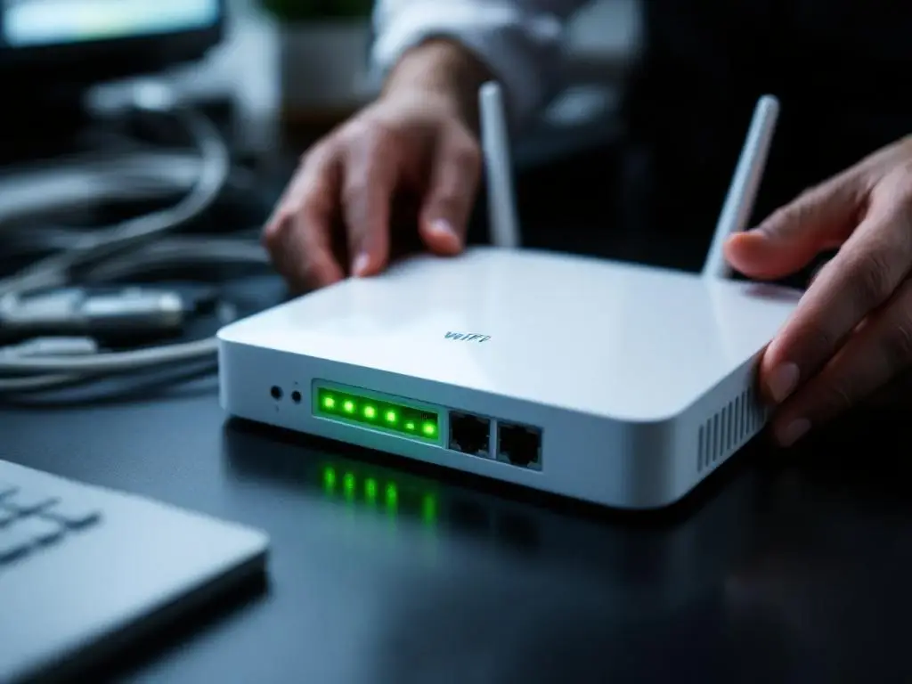 Handen installeren witte WiFi-router op kantoorbureau met groene LED-lampjes en ethernet-kabels
