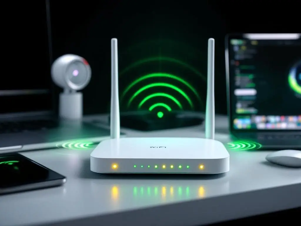Witte draadloze router met groene LED-indicators op bureau, verbonden met laptop, tablet en smartphone via WiFi-signalen