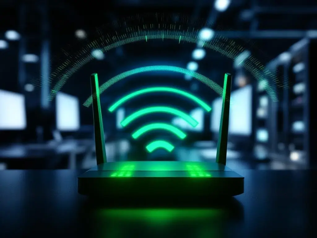 WiFi-router met groene LED-indicatoren en draadloze signalen in moderne kantooromgeving met netwerkinfrastructuur