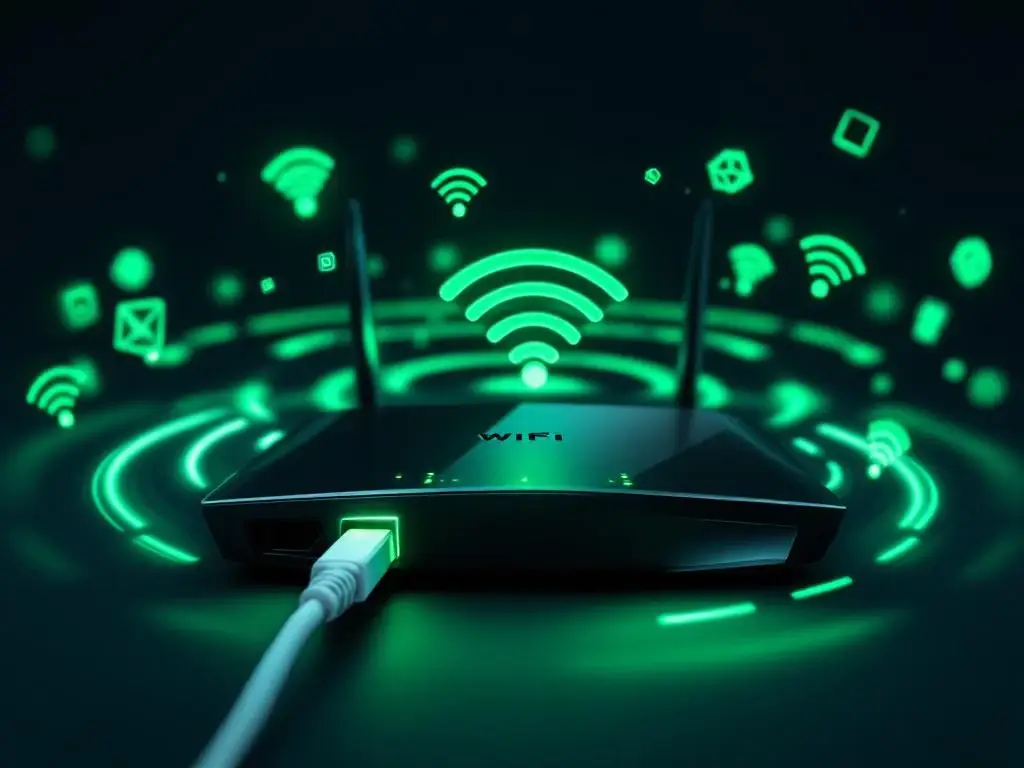 Moderne draadloze router met groene LED-indicatoren en wifi-signaalringen op zwarte achtergrond met ethernetkabels