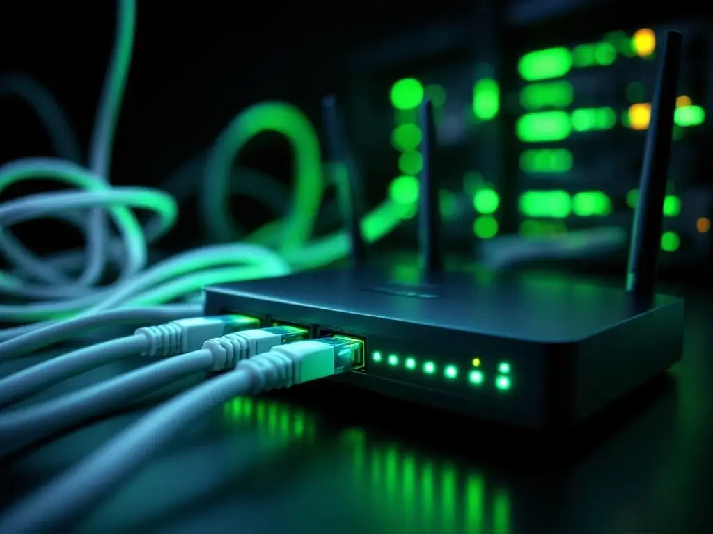 Moderne wifi-router met groene LED-lampjes en ethernet-kabels tegen zwarte achtergrond met serverapparatuur