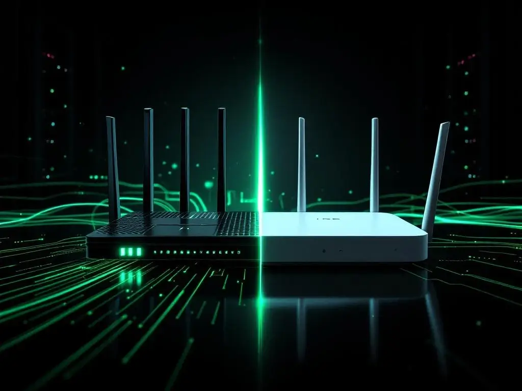 Vergelijking van zakelijke WiFi-router met meerdere antennes en consumentenrouter met witte behuizing op zwarte achtergrond