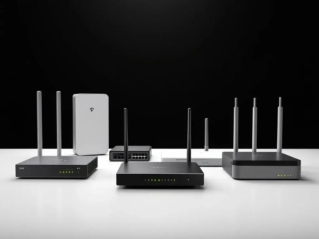 Professionele netwerkrouters en switches met groene LED-lichten op wit bureau in moderne kantooromgeving