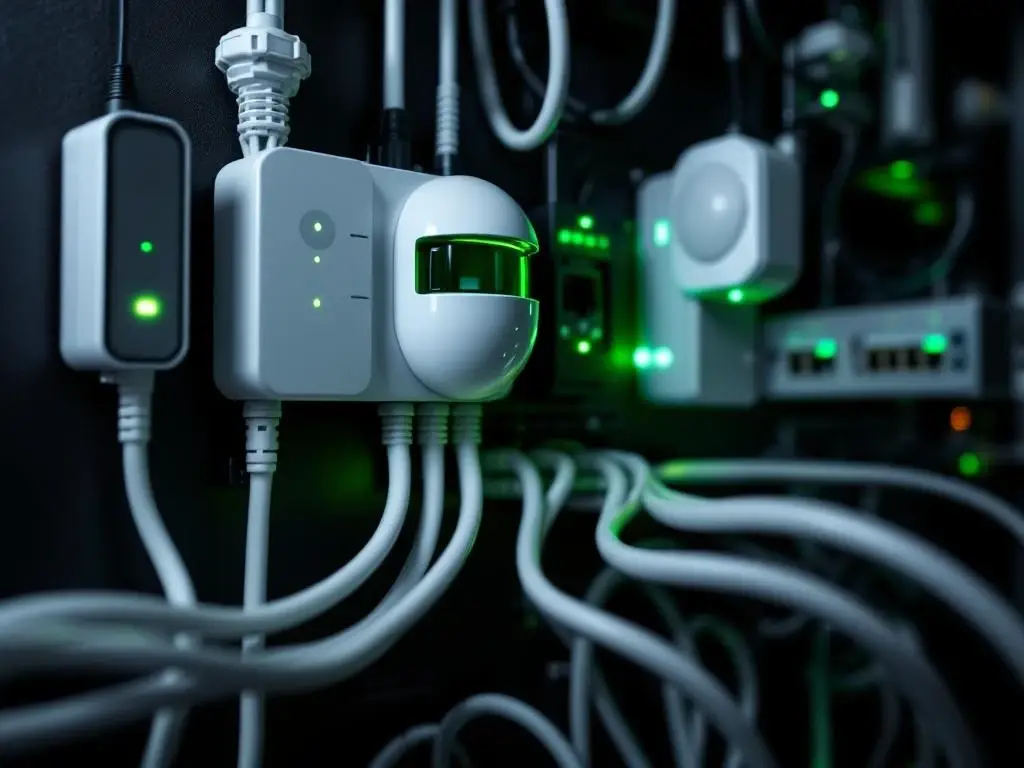 Moderne alarmsysteem componenten met groene LED-indicatoren verbonden via witte CAT6 netwerkkabels op zwarte achtergrond