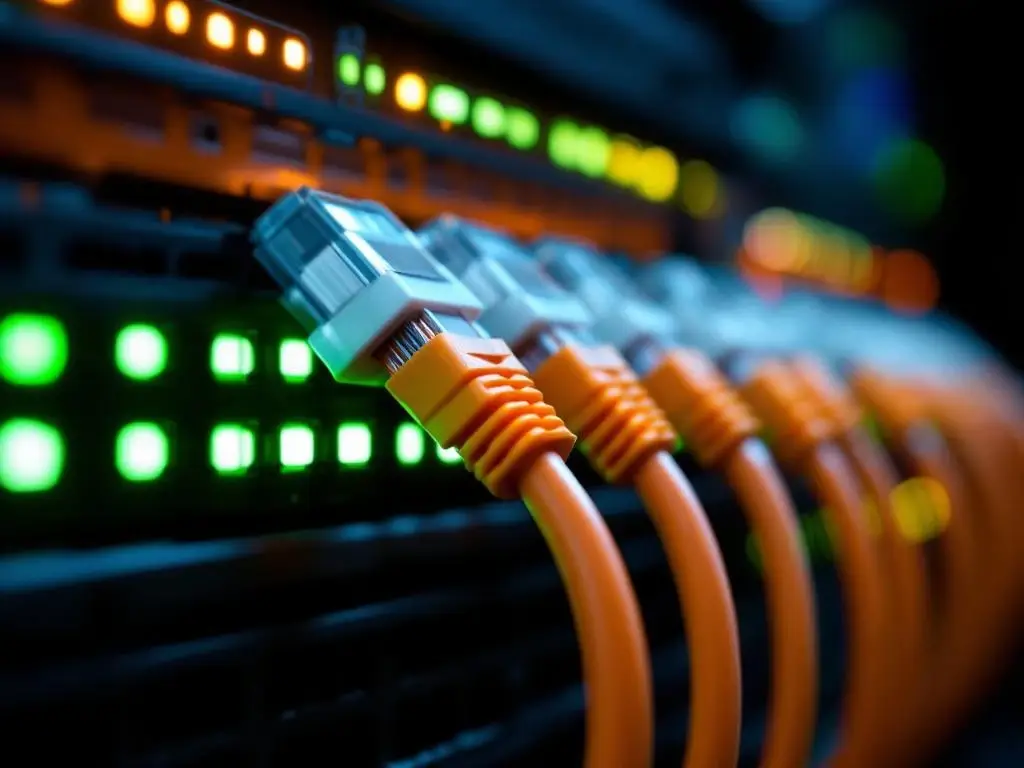 Brandwerende datacabels met oranje beschermlaag en koperen geleiders, verlicht tegen zwarte achtergrond met LED-indicatoren