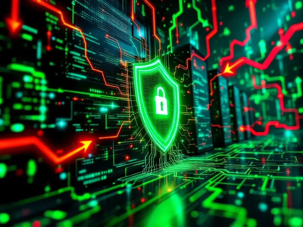 Cyberbeveiligingsfort met groene digitale schild die servertorens beschermt tegen rode cyberaanvallen en kwaadaardige code