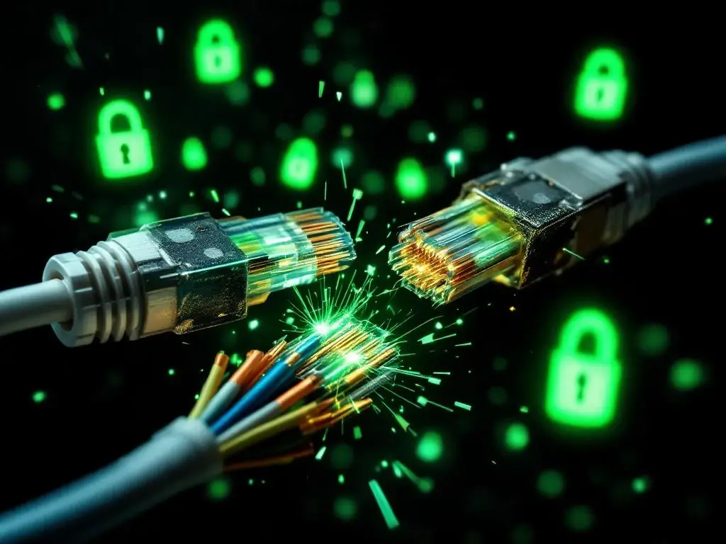 Beschadigde netwerkkabels met blootliggende koperen draden en groene vonken naast moderne glasvezelkabels op zwarte achtergrond