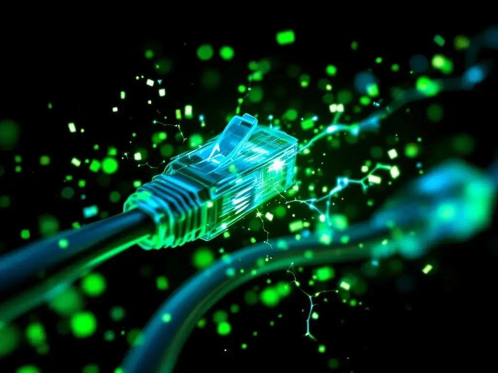 Netwerkkabels met groene datastromen en elektrische vonken die cyberbeveiligingskwetsbaarheid in IT-infrastructuur tonen