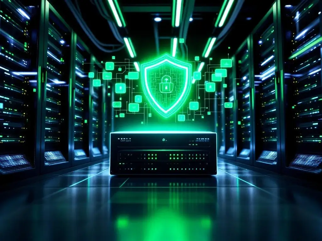 Serverruimte met zwarte serverkasten, groene LED-indicatoren en digitale beveiligingsschermen voor netwerkbeveiliging